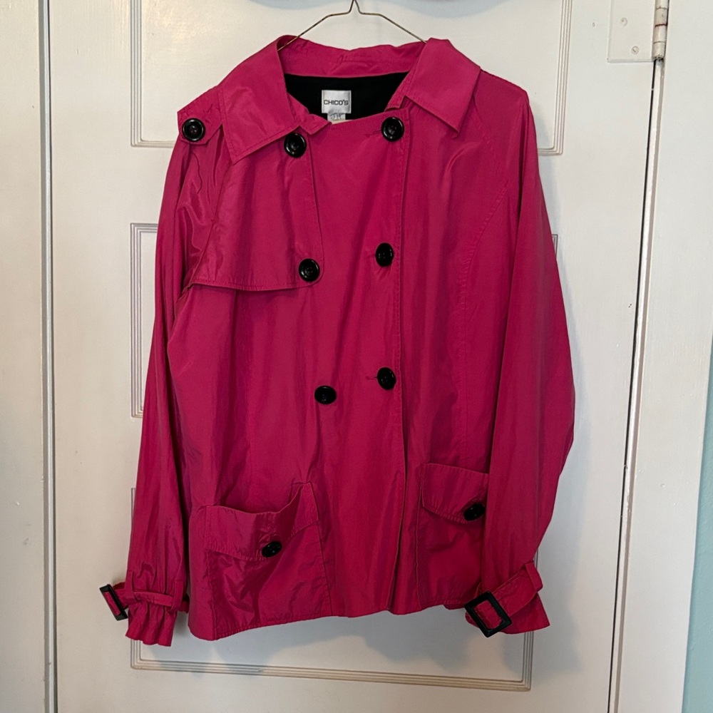 Chico's Fuchsia Double-Breasted Trench Jacket with Black Buttons Size 3(US L-14)